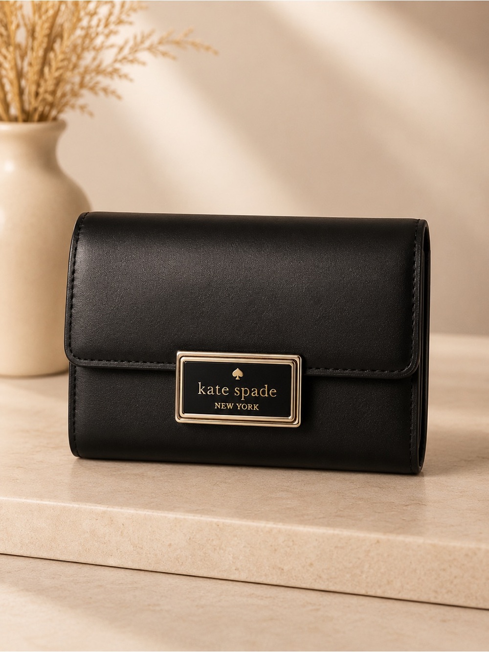 Kate Spade Black Leather Compact Wallet Gold Hardware Bifold Organizer